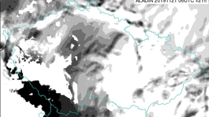 Předpověď pokrytí oblačnosti  mezi čtvrtou a šestou hodinou ranní