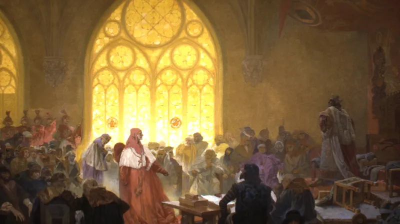 Husitský král Jiří z Poděbrad (1462), 1923, vaječná tempera, olej, plátno, 405 x 480 cm