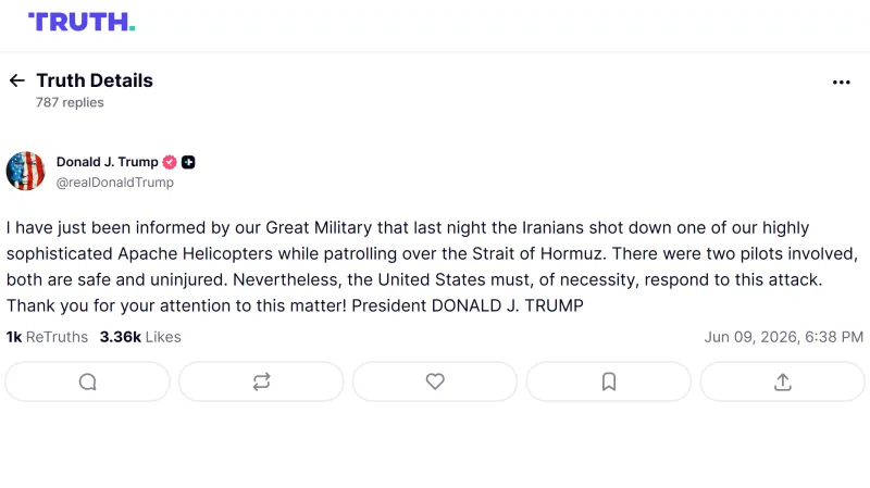 Příspěvek Donalda Trumpa o sestřelení vrtulníku Apache Íránem (9. 6. 2026)