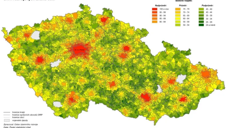Obce s nízkým stupněm rozvinutí znázorňuje tmavší zelená barva