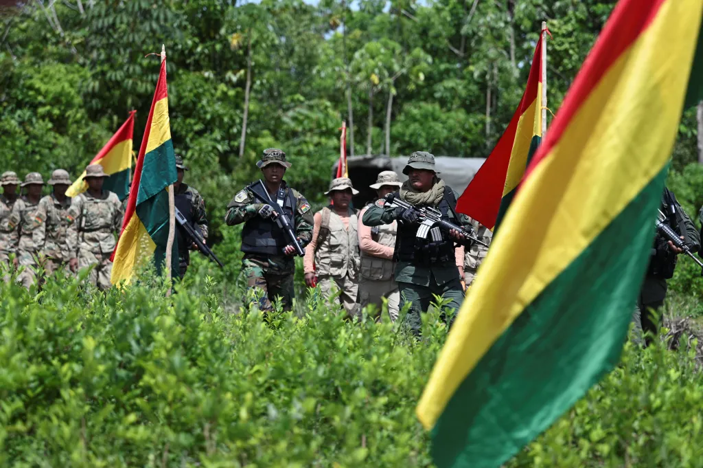 Bolivijští vojáci ničí rostliny koky