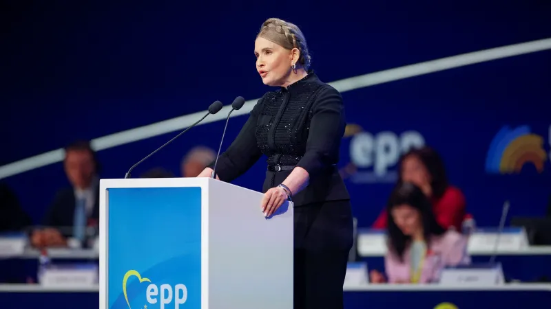 Julija Tymošenková na kongresu Evropské lidové strany ve Valencii (duben 2025)