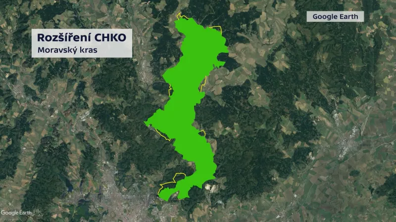 Žlutě vyznačené nové hranice CHKO Moravský kras