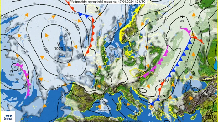 Povětrnostní situace nad Evropou – tedy tlaková výše západně od Britských ostrovů a tlaková níže nad východem kontinentu – je typická pro příliv vlhkého a chladného vzduchu od severozápadu do střední Evropy, a tedy i pro aprílové počasí