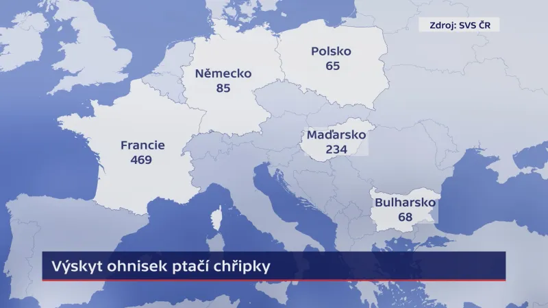 Počty případů ptačí chřipky (konec března)