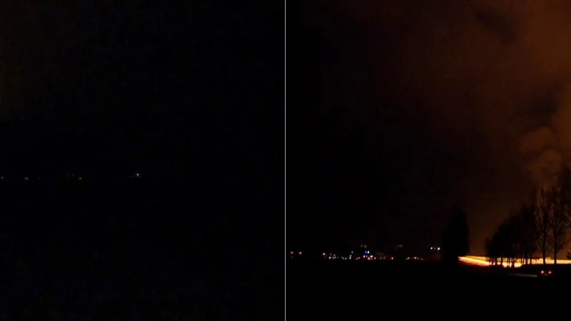 Srovnání krajiny bez (vlevo) a s rozsvícenými skleníky (vpravo)