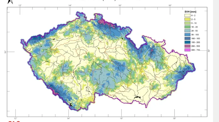 Mapa rozložení vodní hodnoty sněhu