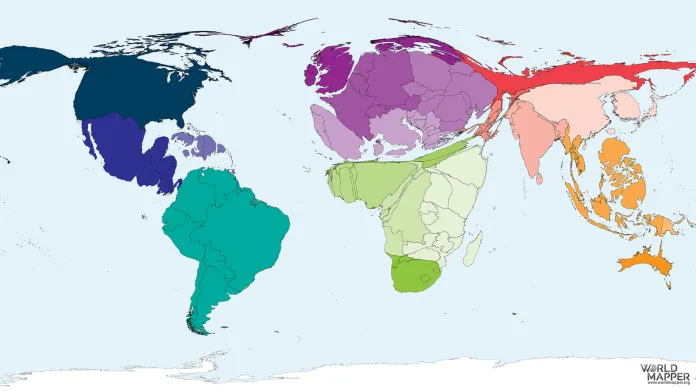 Anamorfovaná mapa, kde velikost odpovídá množství křesťanů