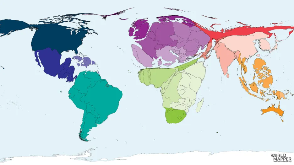Anamorfovaná mapa, kde velikost odpovídá množství křesťanů