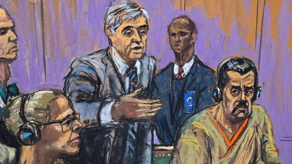 Soudní kresba sesazeného venezuelského prezidenta Nicoláse Madura, jeho ženy Cilie Flores a právníka Barryho Pollacka (26. 3. 2026)