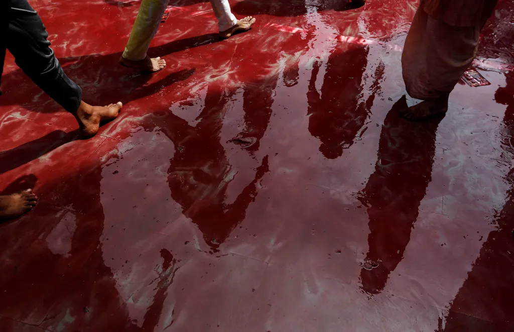 Oslava hinduistického svátku barev Hólí v indické vesnici Nandgaon