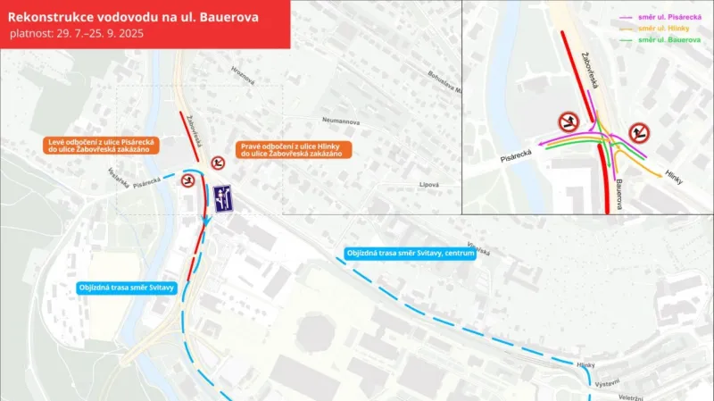 Dopravní omezení v souvislosti s opravou vodovodu v Bauerově ulici v Brně