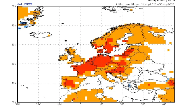 Očekáváná odchylka teploty pro měsíc červenec podle amerického předpovědního systému