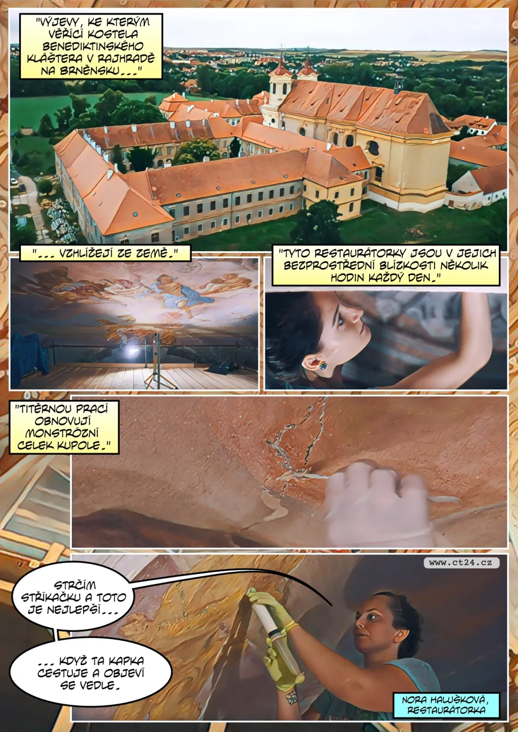 Restaurátoři na vysokém lešení opravují strop kostela v Rajhradě