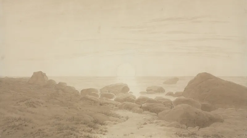 Kamenité pobřeží s východem měsíce, kolem 1835/37