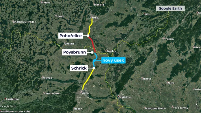 Na trase Brno–Vídeň chybí dostavět červeně znázorněný úsek mezi Pohořelicemi a Mikulovem