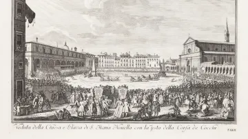 Johann Sebastian Müller podle Giuseppe Zocchiho, Pohled na kostel a náměstí Santa Maria Novella při závodu kočárů během svátku sv. Jana Křtitele, 1744, lept z cyklu Scelta di XXIV vedute [...] della citta di Firenze (z výstavy Architektura v grafice 16.–18. století)