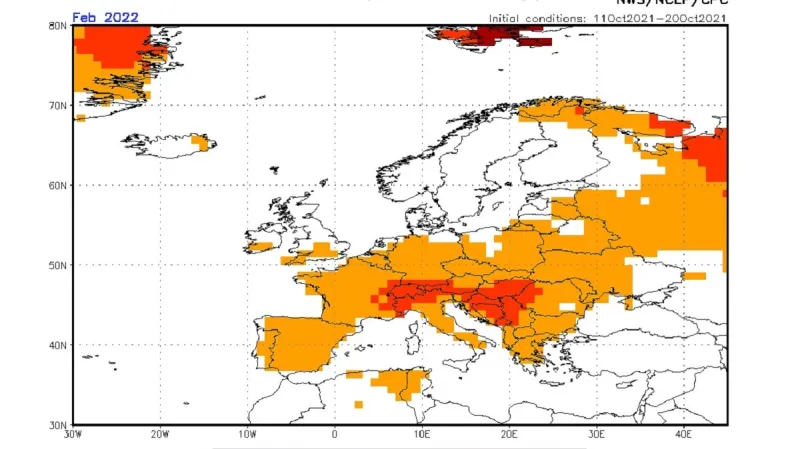 Odchylka teploty od průměru v únoru