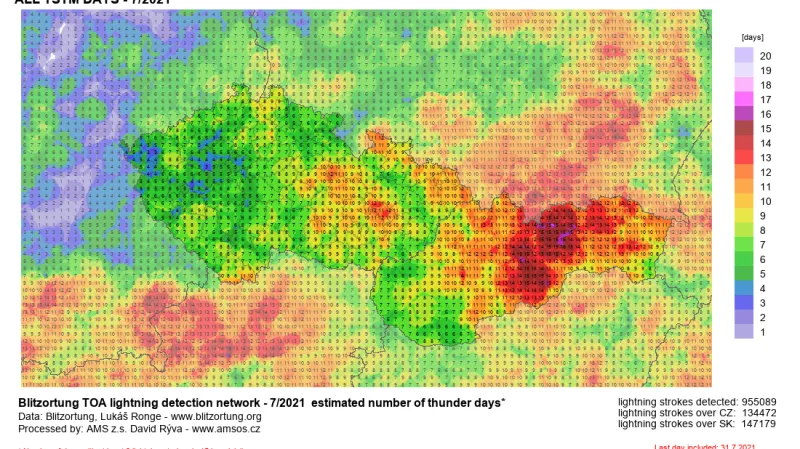 Počet bouřkových dní na území České republiky v červenci