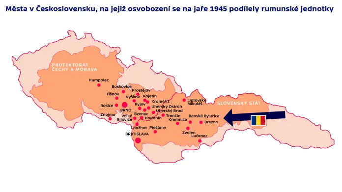 Města v Československu, na jejichž osvobození se na jaře 1945 podílely rumunské jednotky