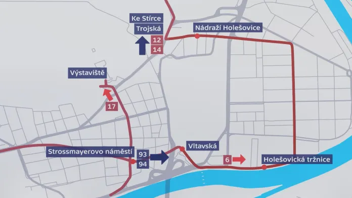Mapa výluky tramvajových spojů v Holešovicích