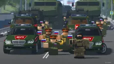 Vojenská přehlídka okupační ruské armády ve hře Roblox určené pro desetileté děti