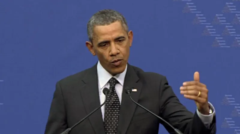 Barack Obama na brífinku v Haagu