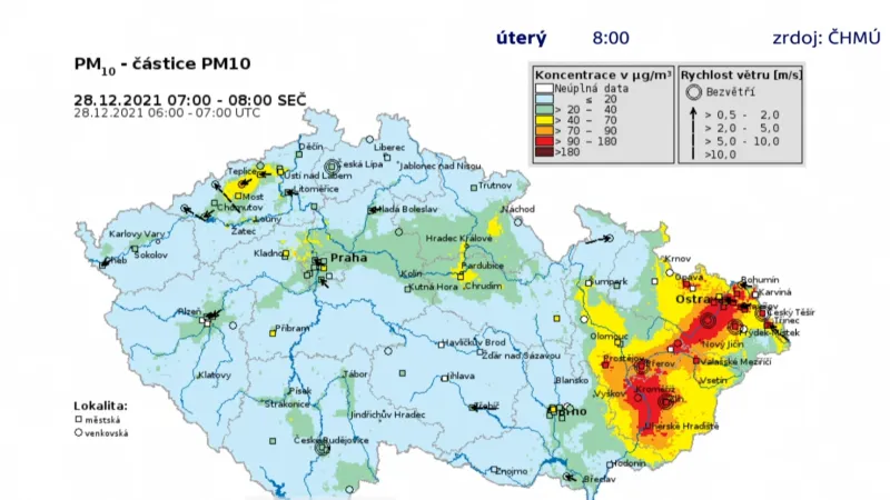 Koncentrace částic PM10 v úterý ráno