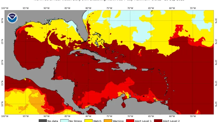 Očekávané sedmidenní maximum míry tepelného stresu ve střední Americe – tmavě červené oblasti označují regiony s překročením úrovně, při které hrozí masivní bělení a následné odumírání korálů