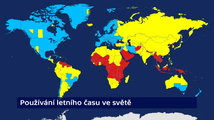 Střídání času: v modrých zemích se používá, ve žlutých bylo zrušeno a v červených se nepoužívalo nikdy