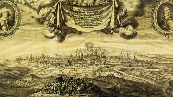 Rytina od Matthäuse Meriana staršího zobrazující obléhání Prahy Švédy