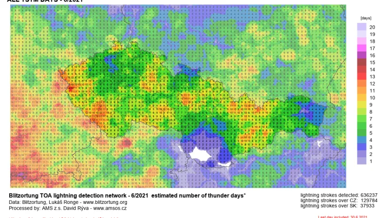 Počet bouřkových dní na území České republiky v červnu