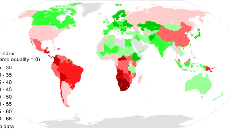 Giniho koeficient rovnosti příjmů. Čím je nižší, tím jsou vyrovnanější