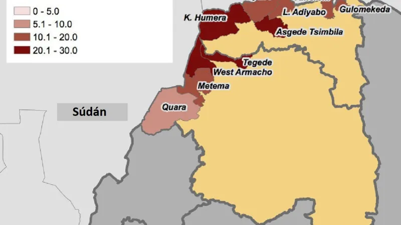 Procentuální zastoupení malárie s mutací, která uniká odhalení