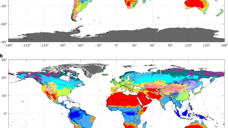 Možný posun klimatických pásů do konce století podle modelu RCP8.5. Klasifikaci možno dohledat zde