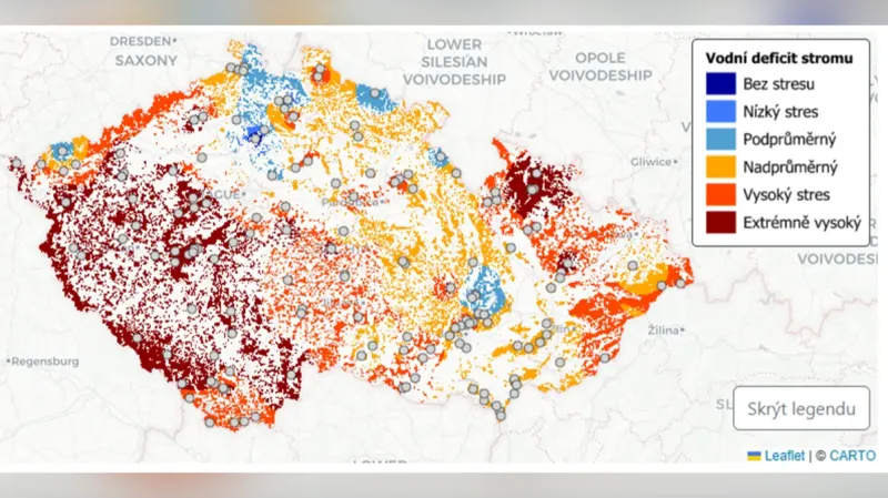 Vodní deficit stromů k 27. srpnu 2025