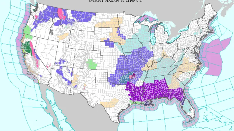Meteorologické výstrahy. Fialová barva značí nebezpečí ledové bouře, středně modrá varuje před zimním počasím, tyrkysová před chladným větrem.