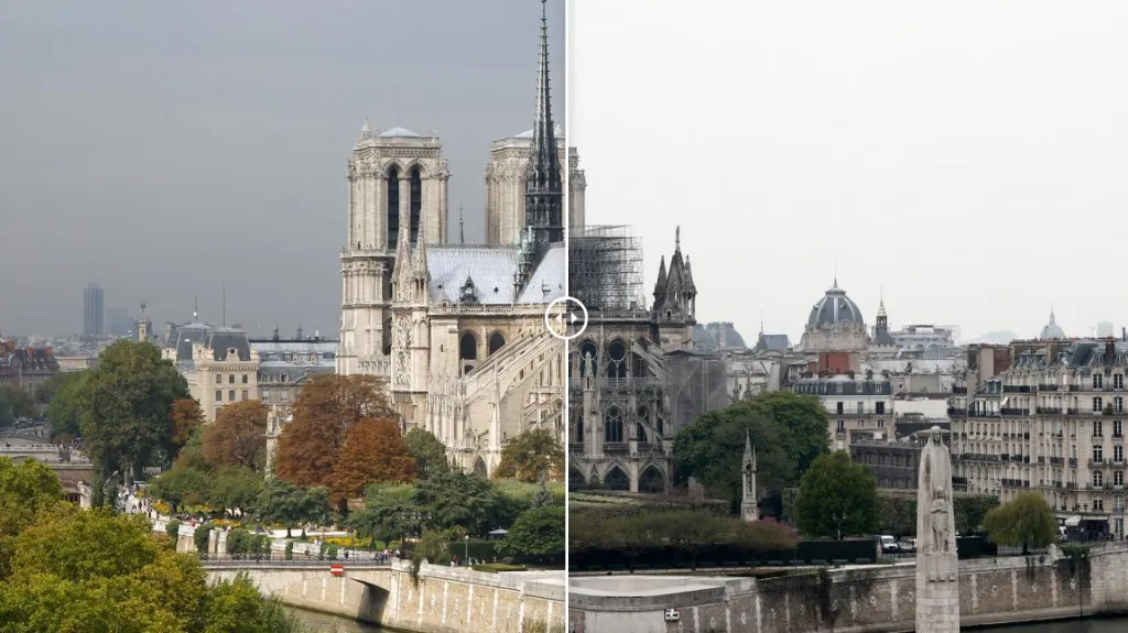 Katedrála Notre-Dame před požárem a po něm
