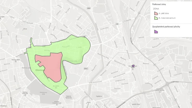 Mapa parkovacích zón v centru Olomouce