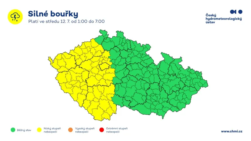 Výstraha Českého hydrometeorologického ústavu (ČHMÚ) před silnými bouřkami