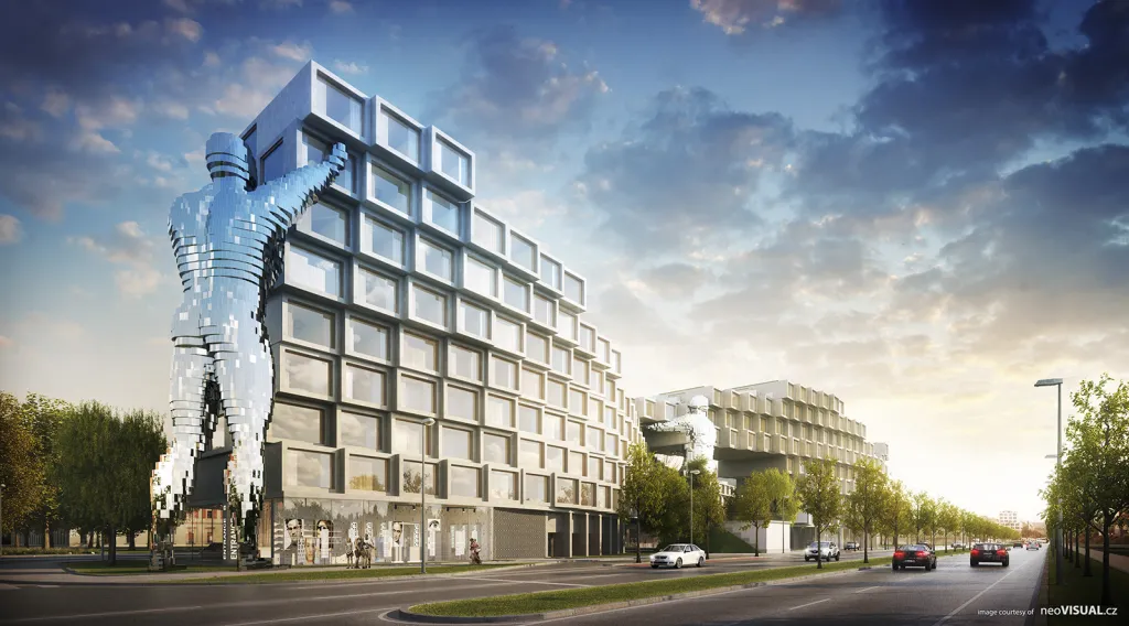 Součástí výstavby rezidenčního komplexu kolem karlínské Invalidovny je i studie tohoto bytového domu s monumentálními sochami od Davida Černého.
