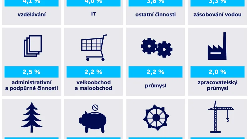 Průměrný růst mezd podle odvětví v 1. čtvrtletí 2021 (meziročně, v %)
