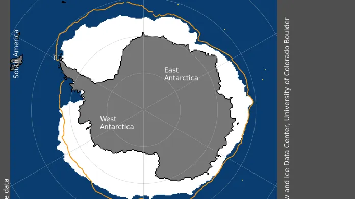 Aktuální rozsah mořského ledu kolem Antarktidy