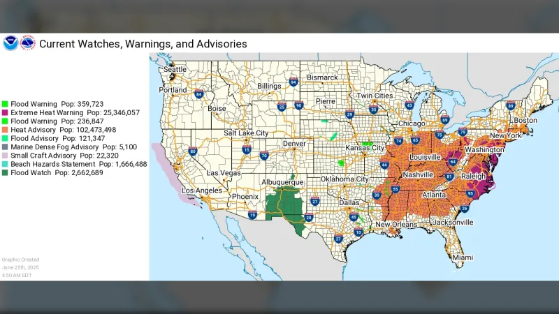 Varování před horkem na 25. červen 2025 jsou oranžově a fialově, mapa obsahuje i varování před dalšími hrozbami, jako jsou povodně (zeleně)