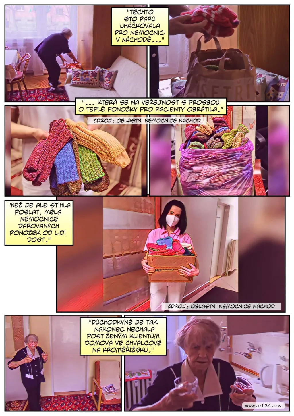 Devětaosmdesátiletá seniorka háčkuje ponožky pro nemocnice