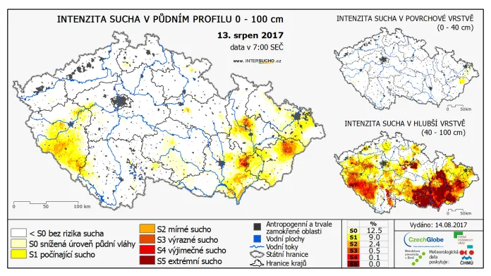 Intenzita sucha v ČR 13. srpna 2017