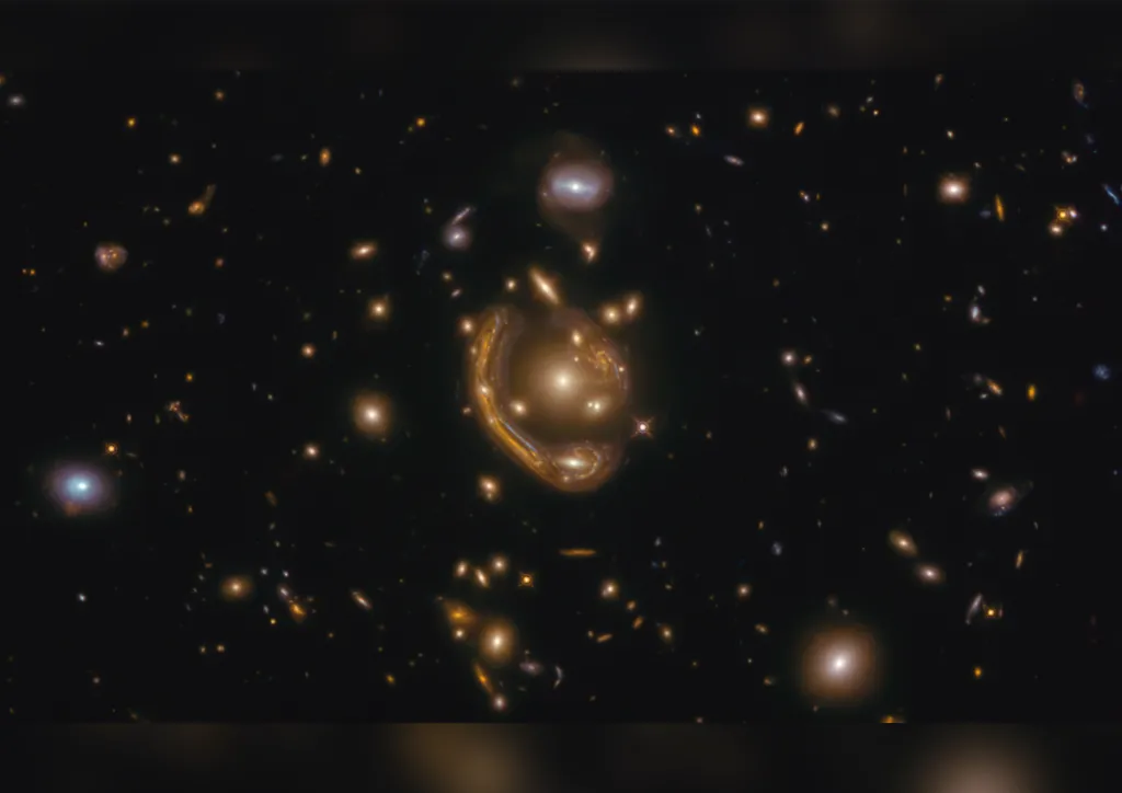 „Roztavený prstenec“ v souhvězdí Pece představuje jednu z nejnázornějších ukázek takzvané gravitační čočky. Galaxie je tímto fenoménem roztažená do podoby polovičního prstence. Silná gravitace k Zemi bližší galaxie totiž ohýbá světlo ze vzdálenější za ní ležící galaxie