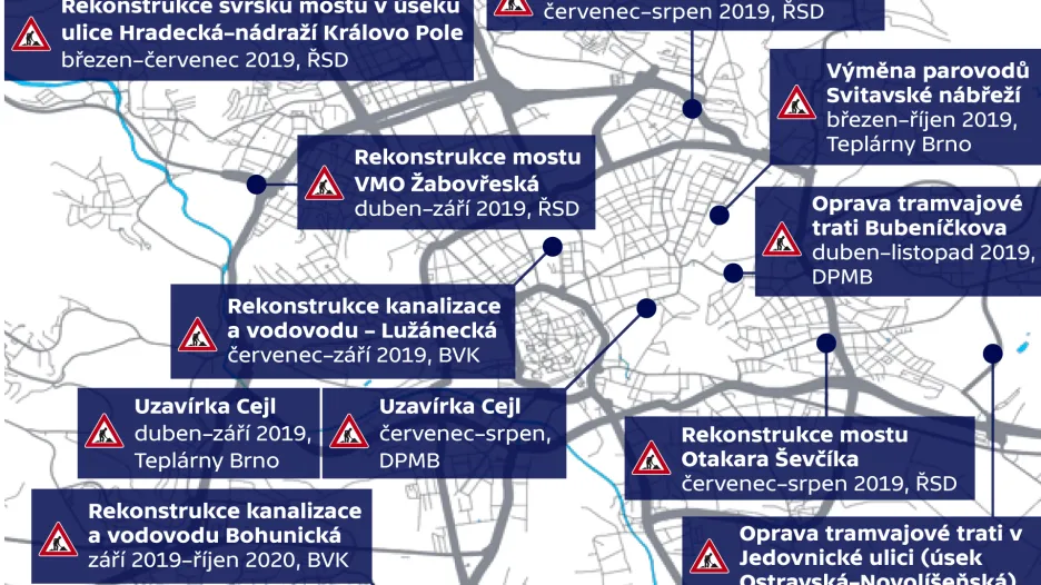 Přehled stavebních prací a uzavírek v Brně v roce 2019