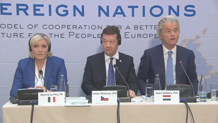 Marine Le Penová, Tomio Okamura a Geert Wilders na pražské konferenci