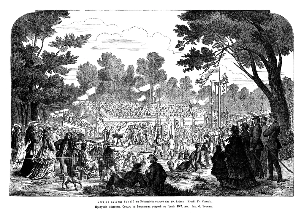 Veřejné cvičení Sokolů na Rohanském ostrově